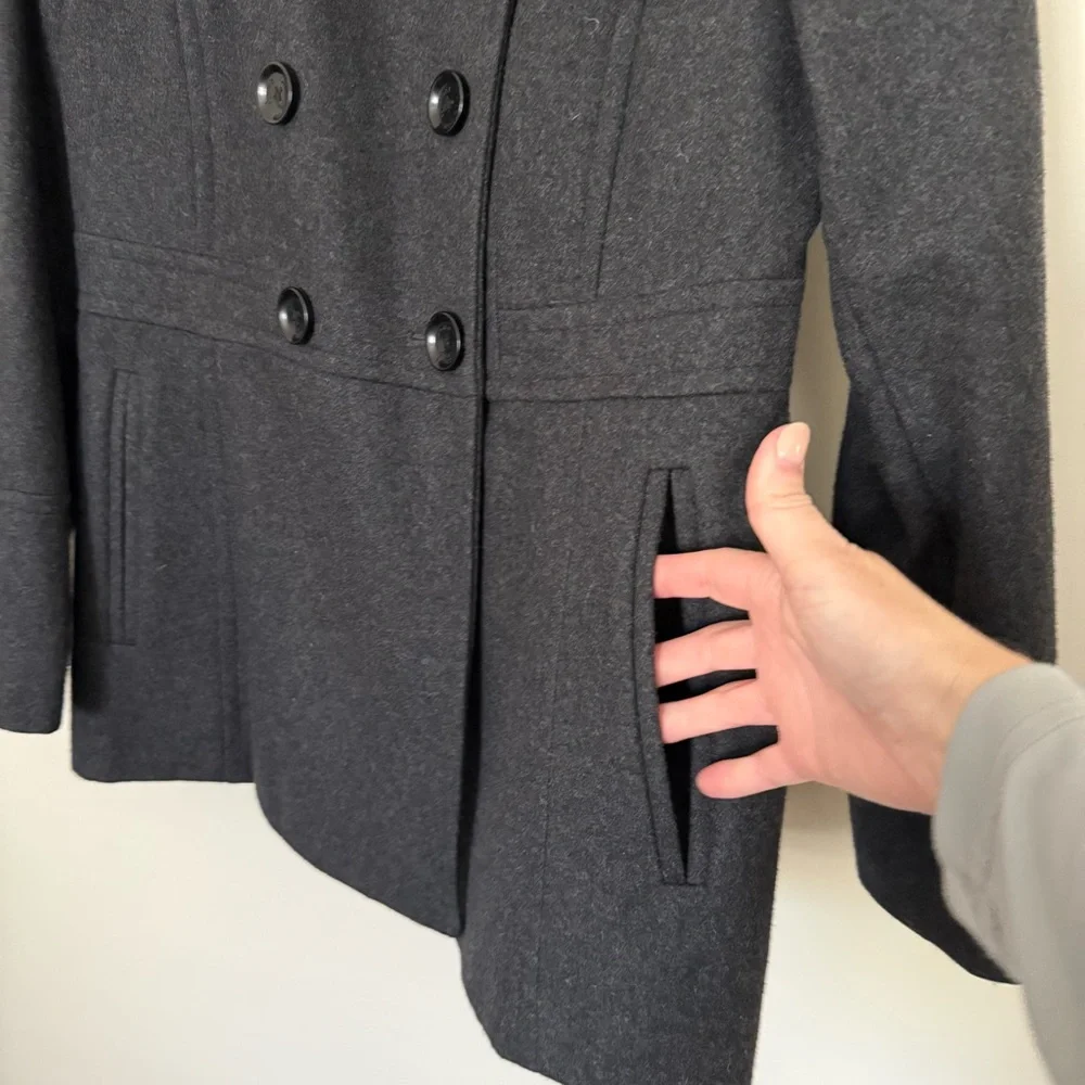 Classic Charcoal Double-Breasted Women's Coat with Military type details. Size S
